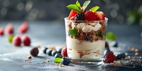 Fresh berry parfait layered with creamy yogurt and crunchy granola in a glass, garnished with mint.