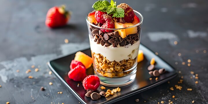 Delicious fruit parfait with granola and chocolate chips in a glass, a delightful healthy treat