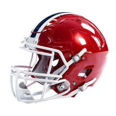 Red american football helmet with white face mask and blue stripes isolated on transparent background