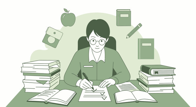 Focused Student Tackling Academic Tasks Amidst School Supplies and Study Materials