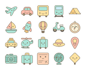 Flat Cute Travel and Adventure Illustration with Airplane, Luggage, Camera, Scooter, Map, Compass, Hot Air Balloon, Tent, Taxi, Bus, Boat, Rocket, and Globe in Pastel Colors for Vacation and Journey C
