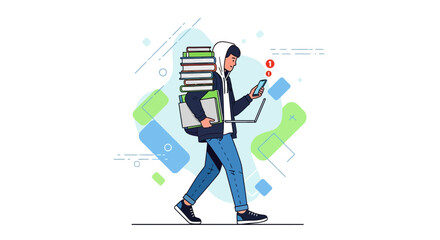 Illustration Of A Person Carrying Books And Technology While Walking