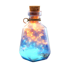 Magical glowing potion in a vintage glass bottle with cork stopper isolated on transparent background