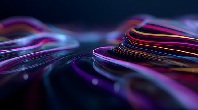 Abstract futuristic background with glowing neon light trails forming fluid shapes and curves in a dark, atmospheric setting