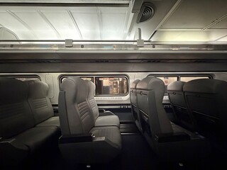 Empty Train Interior with Comfortable Gray Seats
