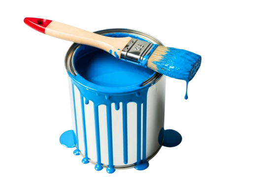 Paint can with blue paint and brush isolated on transparent background