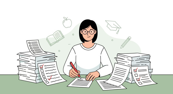 Illustration Of A Woman Working At Her Desk Surrounded By Papers and Educational Items