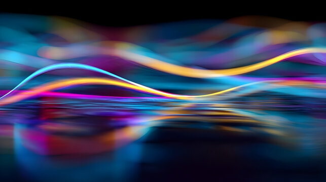 Abstract glowing neon wave lines with vibrant blue, purple, and orange light trails flowing across a reflective dark surface, creating a futuristic digital art