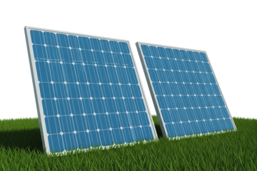 Two solar panels standing on a patch of green grass isolated on transparent background