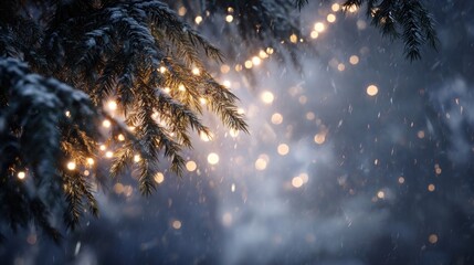 Christmas lights glowing through misty snowfall,