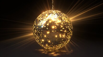 Obraz premium Dazzling reflections from a golden disco ball illuminate the dance floor during an energetic celebration.