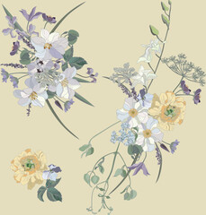 Flowers and leaves in vintage style, seamless pattern.	
