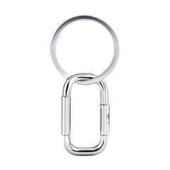 Shiny metal carabiner clip attached to a round key ring isolated on transparent background