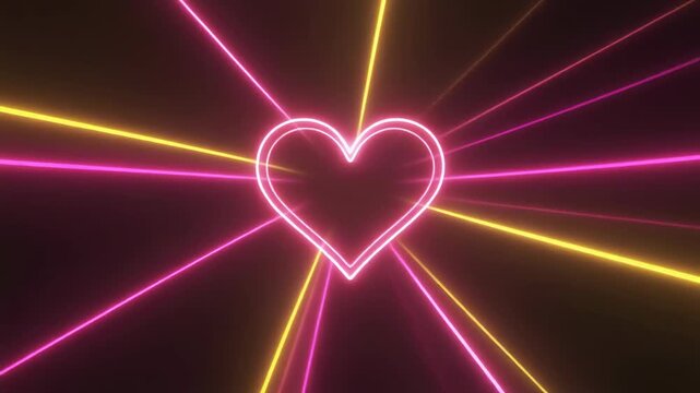 Neon heart with pink and yellow rays on a black background.