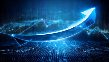 abstract glowing blue arrow graph rising on a digital data background representing growth and success