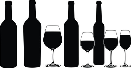 Wine bottle silhouette, wine glass vector, elegant drink design, beverage icon, minimalist wine art, tasting concept, bar decor, restaurant graphic