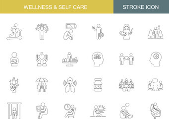 Wellness and Self Care Icon Set | Meditation, Yoga, Mindfulness, Relaxation, Therapy, Mental Health, Support, Emotional Balance Outline Icons