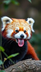 Fototapeta premium Curious red panda with tongue peeking out, a fluffy mammal native to the Himalayas, funny, mammal