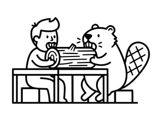 Vector isolated simple minimal black-and-white drawing Bobr kurwa ja pierdole meme style. Black-and-white cartoon line drawing of a man and a beaver sitting at a table, chewing a log together