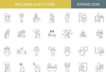 Wellness and Self Care Icon Set | Stress, Anxiety, Depression, Sadness, Burnout, Insomnia, Therapy, Emotional Health, Mental Wellness Outline Icons