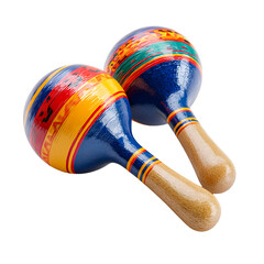 Two colorful maracas with wooden handles isolated on transparent background