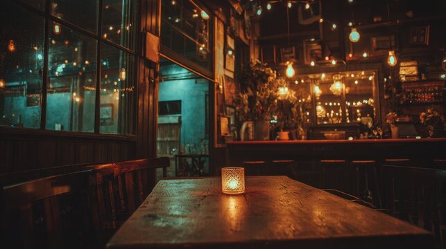 A rustic wooden table with a glowing candle sits in a charming bar filled with soft lights.