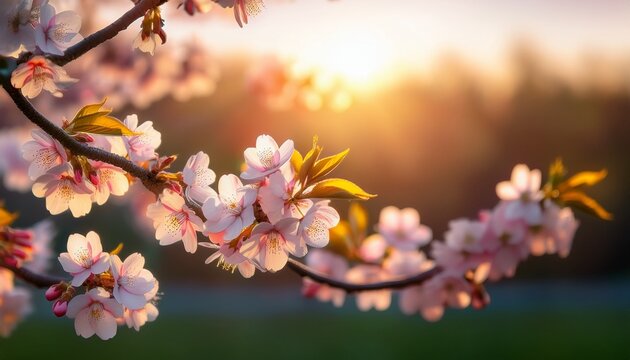 sunlight illuminates delicate cherry blossoms on a spring morning branch