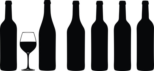 Wine bottle silhouettes, red wine glass, minimal design, elegant contrast, black shapes, beverage concept, stylish layout, isolated objects, drink theme