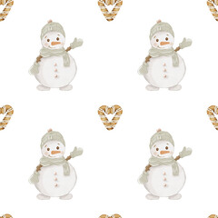 Festive New Year pattern featuring cheerful snowmen and heart shapes in watercolor design