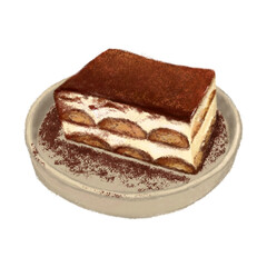piece of cake Tiramisu Cake on the plate, Dessert, Cafe, Coffee, Vintage, Gift, Holiday, Season, Winter, Happiness and Celebration, Cute Hand Drawn Illustration on Transparent Background 