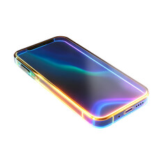 Modern smartphone with holographic iridescent light reflections on a transparent background isolated on transparent background