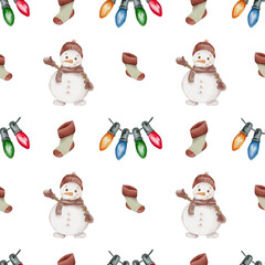 Festive watercolor pattern with snowmen, Christmas lights, and socks for New Year celebrations