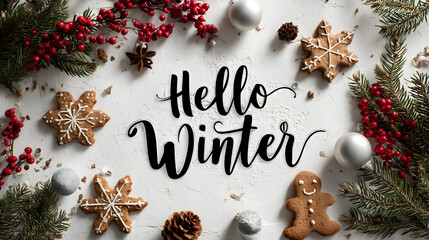 Festive flat lay composition with hello winter calligraphy for seasonal decor and greeting cards