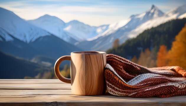 cozy wooden mug and warm scarf on a rustic table with a scenic mountain backdrop