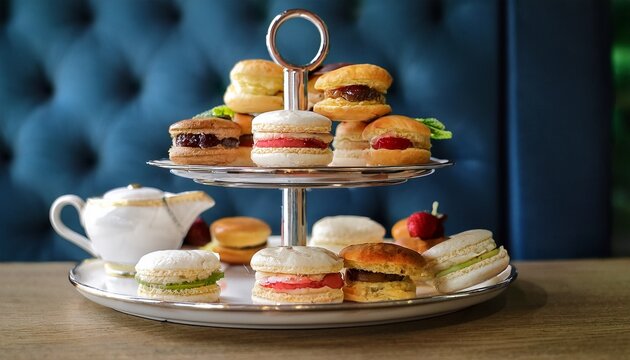 indulge in an exquisite afternoon tea delicate macarons scones and finger sandwiches await on a two tiered stand