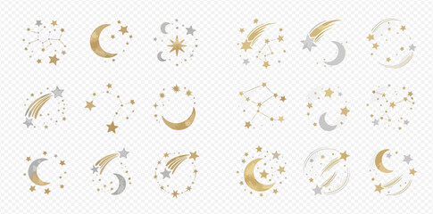 A collection of gold and silver celestial elements including moons, stars, and shooting stars, arranged in decorative patterns. © studio