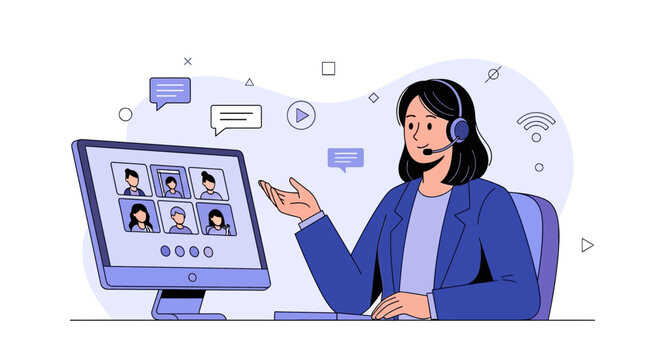 Online Meeting Presenter Illustrating Remote Communication for Business or Education