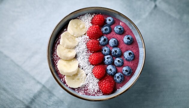indulge in this vibrant and healthy berry smoothie bowl artfully adorned with fresh raspberries blueberries slices chia seeds and coconut flakes a delightful feast for the senses