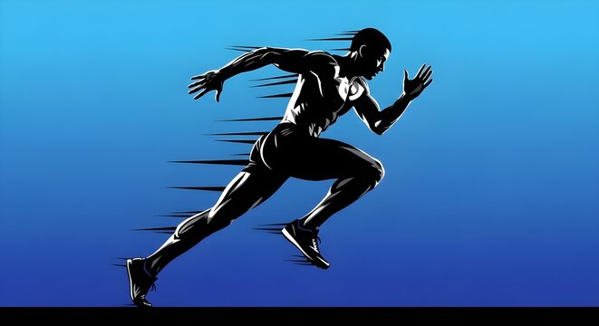 Dynamic silhouette of a muscular athlete in full sprint motion against a vibrant blue gradient background