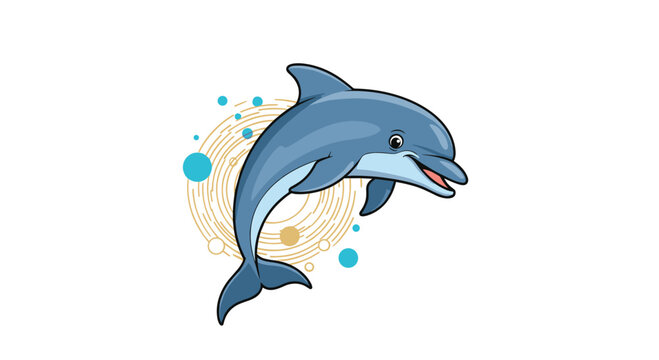 A happy, blue cartoon dolphin jumps playfully, surrounded by abstract golden swirls and blue bubbles, symbolizing ocean life.