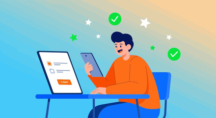 Online Task Completion Illustration Showcasing Digital Forms and Achievement Celebration