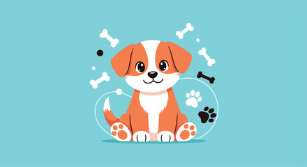 A charming cartoon puppy with orange and white fur sits happily on a teal background, surrounded by playful bones and paw prints, embodying warmth and companionship.
