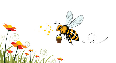 A vibrant cartoon honey bee with a full pollen bucket gracefully flies over stylized flowers, leaving a whimsical dotted trail.