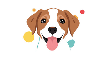 A cheerful, friendly cartoon dog illustration with its tongue out, surrounded by playful colorful dots on a white background.