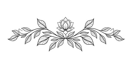 Elegant black and white line art illustration of a symmetric botanical design with a lotus flower and delicate leafy branches, perfect for decorative purposes.