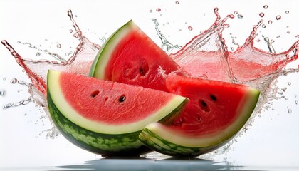 refreshing watermelon slices with a burst of juicy liquid isolated on white background