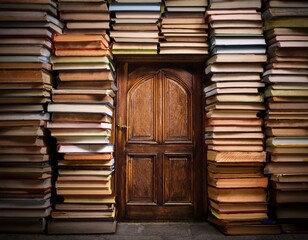 a door surrounded by stacked books representing knowledge and access to literature and education