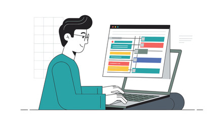 Online Workflow: A Man Working On A Laptop Monitoring His Project Schedule