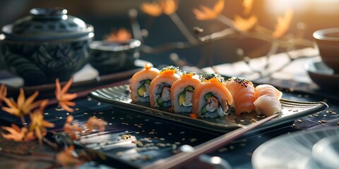 Delicious salmon sushi rolls arranged artfully on a dark plate with chopsticks, evoking a sense of traditional Japanese dining.