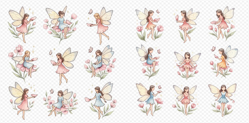 A collection of whimsical watercolor illustrations featuring various fairies with delicate wings, surrounded by pastel flowers and butterflies, in a soft, dreamy style.